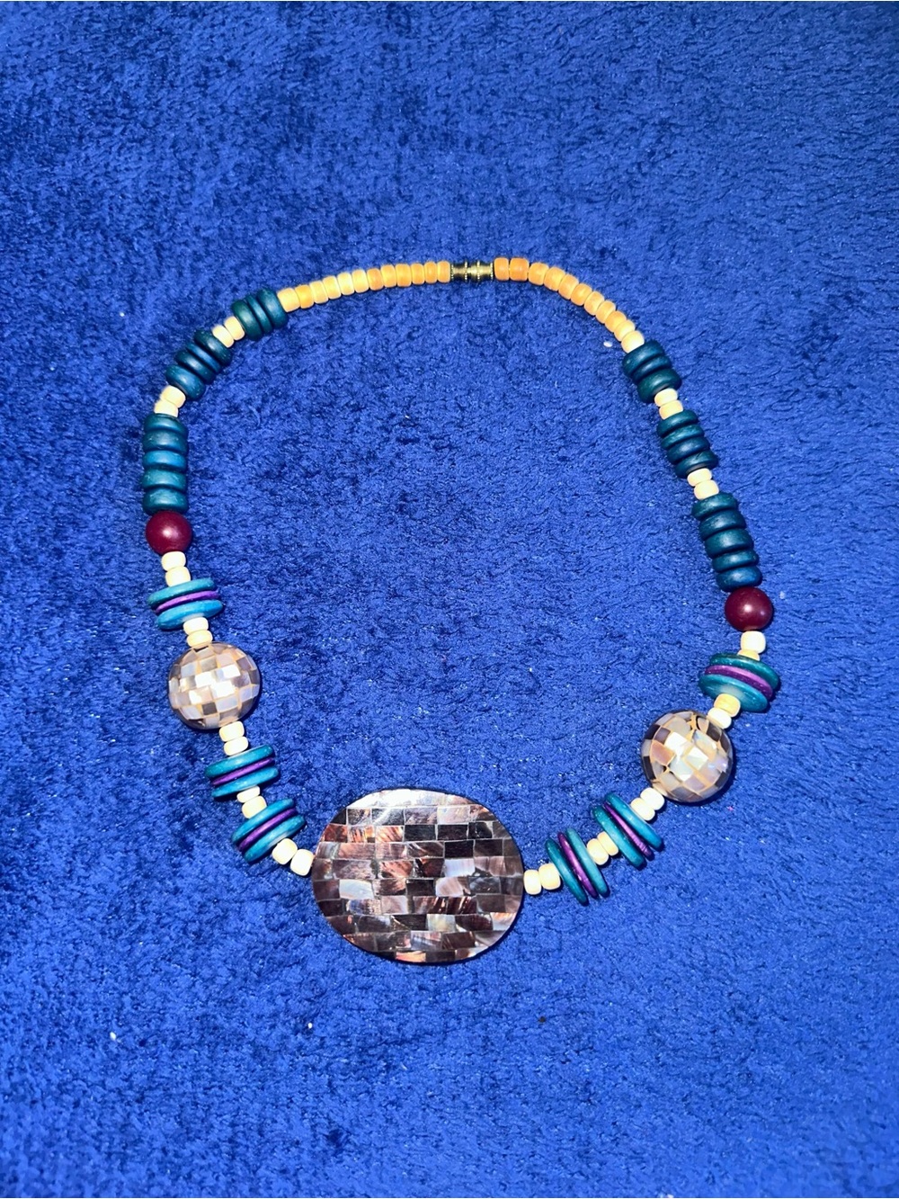 Boho Artisan Iridescent Mosaic Shell Statement Necklace Blue Purple Beaded 18”